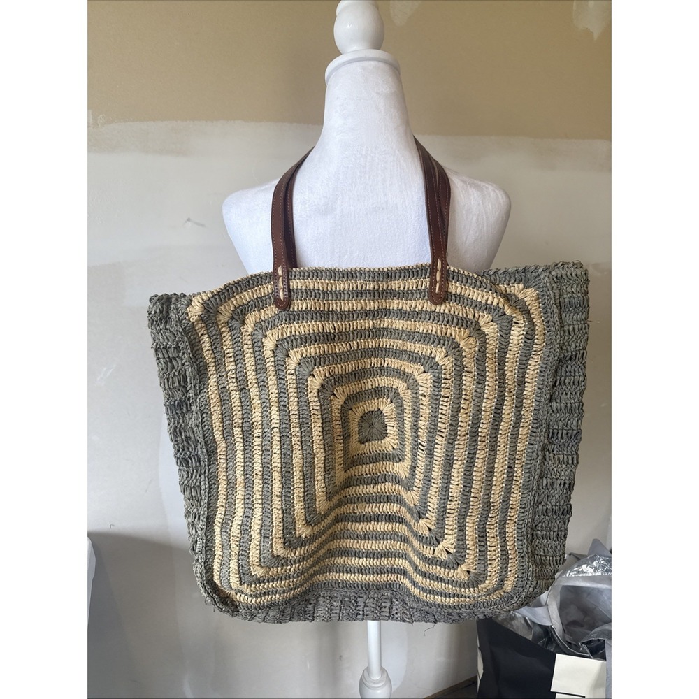Mar Y Sol Raffia Shoulder Tote Bag Navy Indigo Straw Woven Shopper Beach Boho